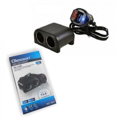 Разклонител за запалка Olesson , 2 гнезда, 1 USB, Волтметър