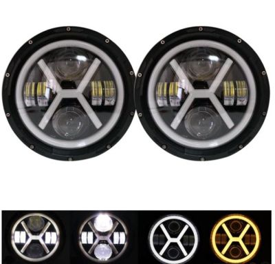 Комплект от 2бр. универсален 7" инча 18см ЛЕД LED фар лампа халоген 12V-24V къси/дълги с DRL дневни светлини мигач бяло-жълто 8000lm