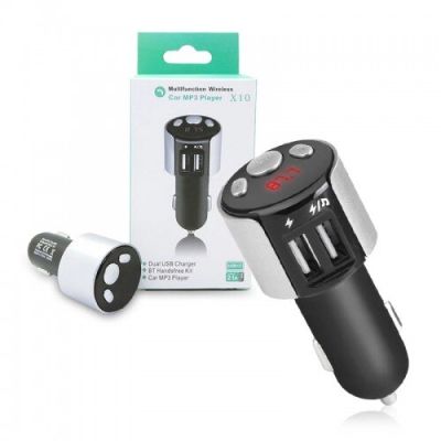 FM трансмитер за кола X10, Зарядно, Bluetooth, 2 USB, MP3 Player, Handsfree, Черен