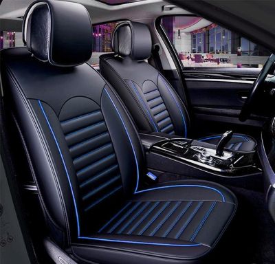 Комплект кожени универсални калъфи за седалки 2бр/к-т - Черно със синьо