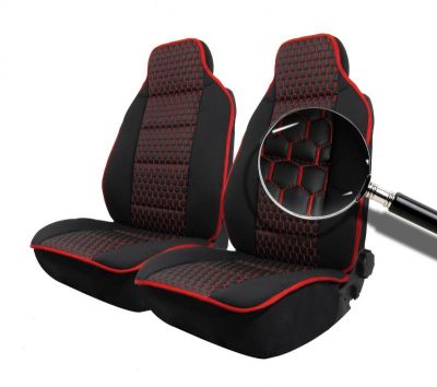 Комплект Универсална Тапицерия Тип Масажор 1+1 за Предни Седалки Лукс Черна със Червен шев, Еко Кожа