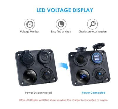 Панел за вграждане 4в1-  2 USB порта, гнездо за запалка+ волтметър