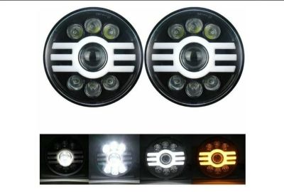 Комплект от 2бр. универсален 7" инча 18см ЛЕД LED фар лампа халоген 12V-24V къси/дълги с DRL дневни светлини мигач бяло-жълто 5000lm за АТВ джип мотоциклет камион трактор и др