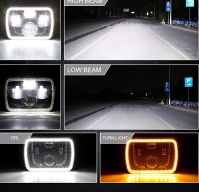 Комплект от 2бр. универсален 60W ЛЕД LED фар лампа халоген 12V-24V къси/дълги с DRL дневни светлини мигач бяло-жълто 20 x 14cm