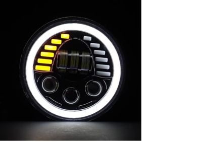 Комплект от 2бр. универсален 7" инча 18см ЛЕД LED фар лампа халоген 12V-24V къси/дълги с DRL дневни светлини мигач бяло-жълто 7000lm