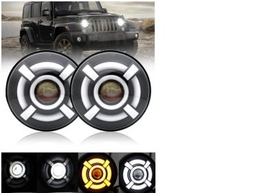 Комплект от 2бр. универсален 7" инча 18см ЛЕД LED фар лампа халоген 12V-24V къси/дълги с DRL дневни светлини мигач бяло-жълто 4800lm