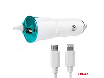 Зарядно за кола, 2 кабела, Iphone 5, microUsb, USB, 12/24V Amio