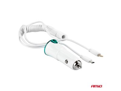 Зарядно за кола, 2 кабела, Iphone 5, microUsb, USB, 12/24V Amio