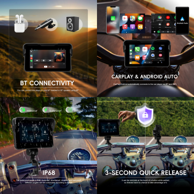 5" навигация за мотоциклет с безжичен Carplay/Android Auto BT IP68 водоустойчив